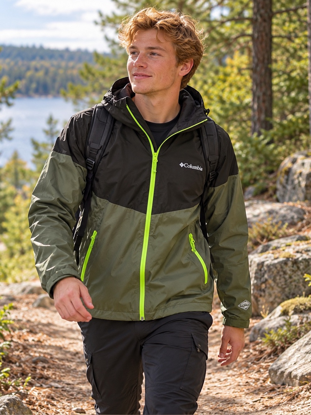 Columbia Omni-Tech Colorblock Rain Jacket – Olive Green/Black